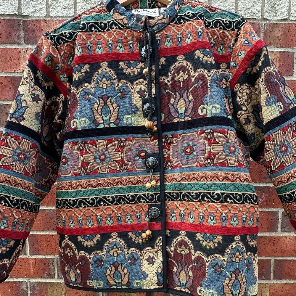 Flashback Vintage Tapestry Jacket Asian-Inspired Knot Buttons BOHO Cardigan M